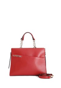 Borsa a mano in pelle sintetica rossa con design strutturato, accessori in argento, manico a catena e tracolla staccabile. Presenta una tasca frontale.