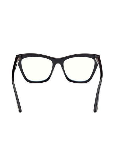 Occhiali da vista neri con montatura rettangolare, finitura liscia e lucida e aste sottili. Le lenti sono trasparenti con una leggera sfumatura blu.