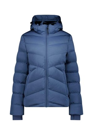 Blauwe gewatteerde winterjas met een rits aan de voorkant, vaste capuchon en lange mouwen met binnenboorden voor extra warmte.