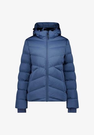 Blauwe gewatteerde winterjas met een rits aan de voorkant, vaste capuchon en lange mouwen met binnenboorden voor extra warmte.