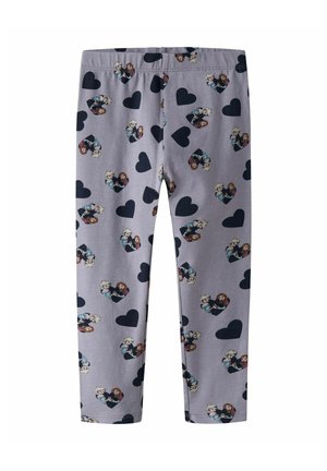 Grijze legging met een all-over print van personages omringd door donkere hartjes op een zachte, rekbare stof. Elastische tailleband.