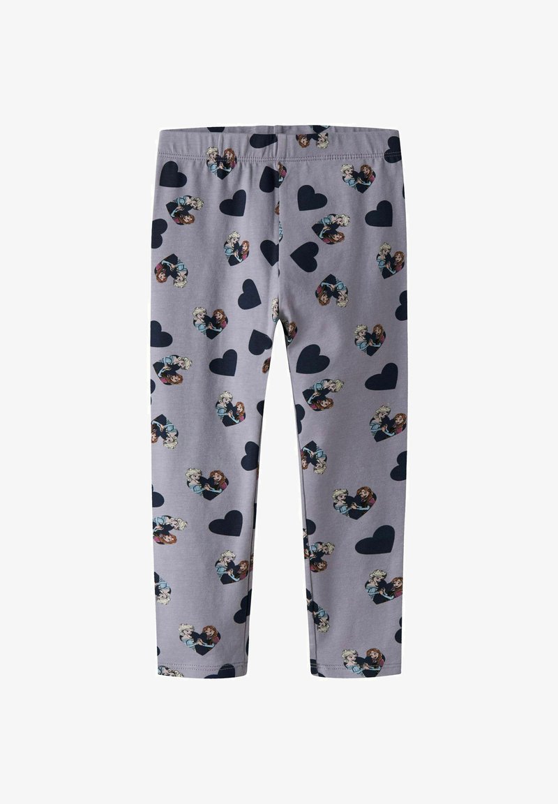 Leggings gris avec un imprimé intégral de personnages entourés de cœurs foncés sur un tissu doux et extensible. Taille élastique.