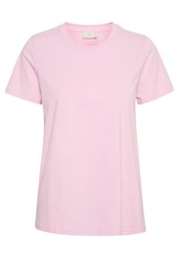 T-shirt en coton rose avec un col rond, des manches courtes et une coupe décontractée. Texture lisse, design simple, sans motifs ni accents visibles.