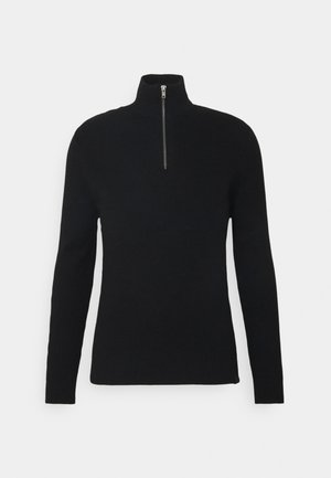 Pull à col roulé noir côtelé, avec une fermeture éclair quart de zip, des manches longues et un tissu texturé pour une dimension supplémentaire.