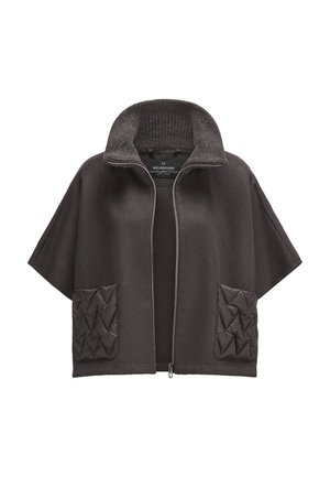 Dunkelgraue Kurzarmjacke mit weitem Kragen, Frontreißverschluss und zwei gesteppte aufgesetzte Taschen an der Taille.