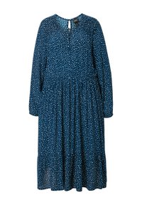 Tummansininen mekko, jossa on valkoisia pilkkuja, pitkät hihat, pyöreä kaula-aukko, gathered vyötärö ja kerroksellinen hame. Napillinen avaus takana.