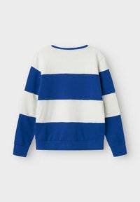 Sweatshirt rayé bleu et blanc avec un col rond, des manches longues et un ourlet et des poignets côtelés. Tissu en coton doux avec une coupe décontractée.
