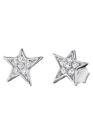 Silberne, sternförmige Ohrringe mit einem Cluster aus kleinen, glitzernden Steinen in der Mitte und einer glatten, polierten Oberfläche.