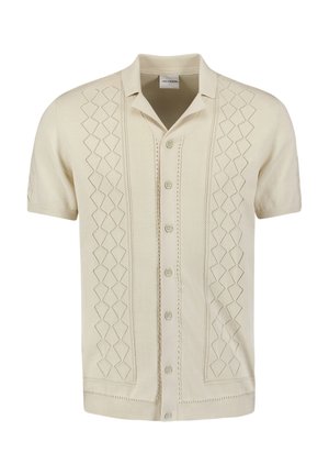 Korte mouwen, crèmekleurig shirt met een button-down kraag, voorzien van een gestructureerd ruitpatroon aan de voorkant en een rechte snit.