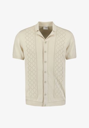 Korte mouwen, crèmekleurig shirt met een button-down kraag, voorzien van een gestructureerd ruitpatroon aan de voorkant en een rechte snit.