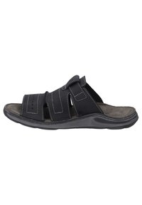 Svart slidesandal i läder med justerbara remmar, perforeringar och kontrasterande vit söm. Texturerad fotbädd och gummisula.