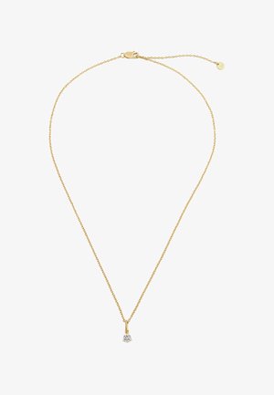 Guld kædehalskæde med et lille, klart vedhæng. Kæden har et indviklet leddesign og en hummerlås til lukning.