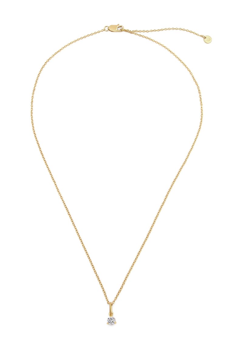 Guld kædehalskæde med et lille, klart vedhæng. Kæden har et indviklet leddesign og en hummerlås til lukning.