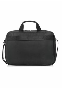 Czarna prostokątna torba wykonana z trwałego materiału. Posiada podwójne uchwyty u góry, odpinany pasek na ramię oraz gładkie zapięcie na zamek.