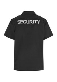 Maglietta di sicurezza nera a maniche corte con una grande stampa "SECURITY" in grigio sulla parte posteriore, realizzata in tessuto resistente con un design a colletto classico.