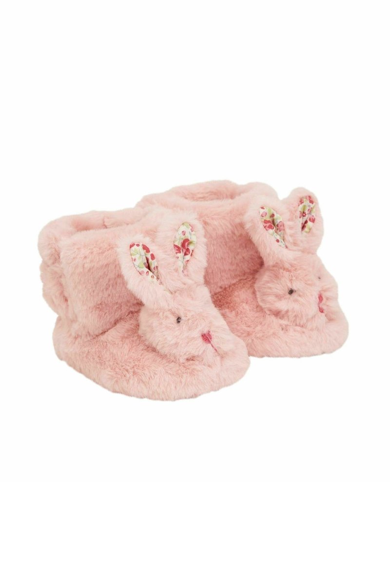 Roze plišane papuče oblikovane kao zečevi, s zaobljenim ušima, cvjetnim detaljima i mekom teksturom za udobnost.