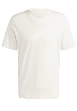 Bawełniany T-shirt w kremowym kolorze z okrągłym dekoltem, krótkimi rękawami oraz wytłoczonym logo na lewej piersi. Gładka faktura i standardowy krój.