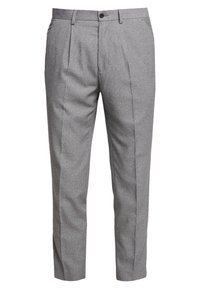 Grå skräddarsydda byxor med ett texturerat tyg, två frontveck, knappstängning och sidofickor, som ger en klassisk passform.
