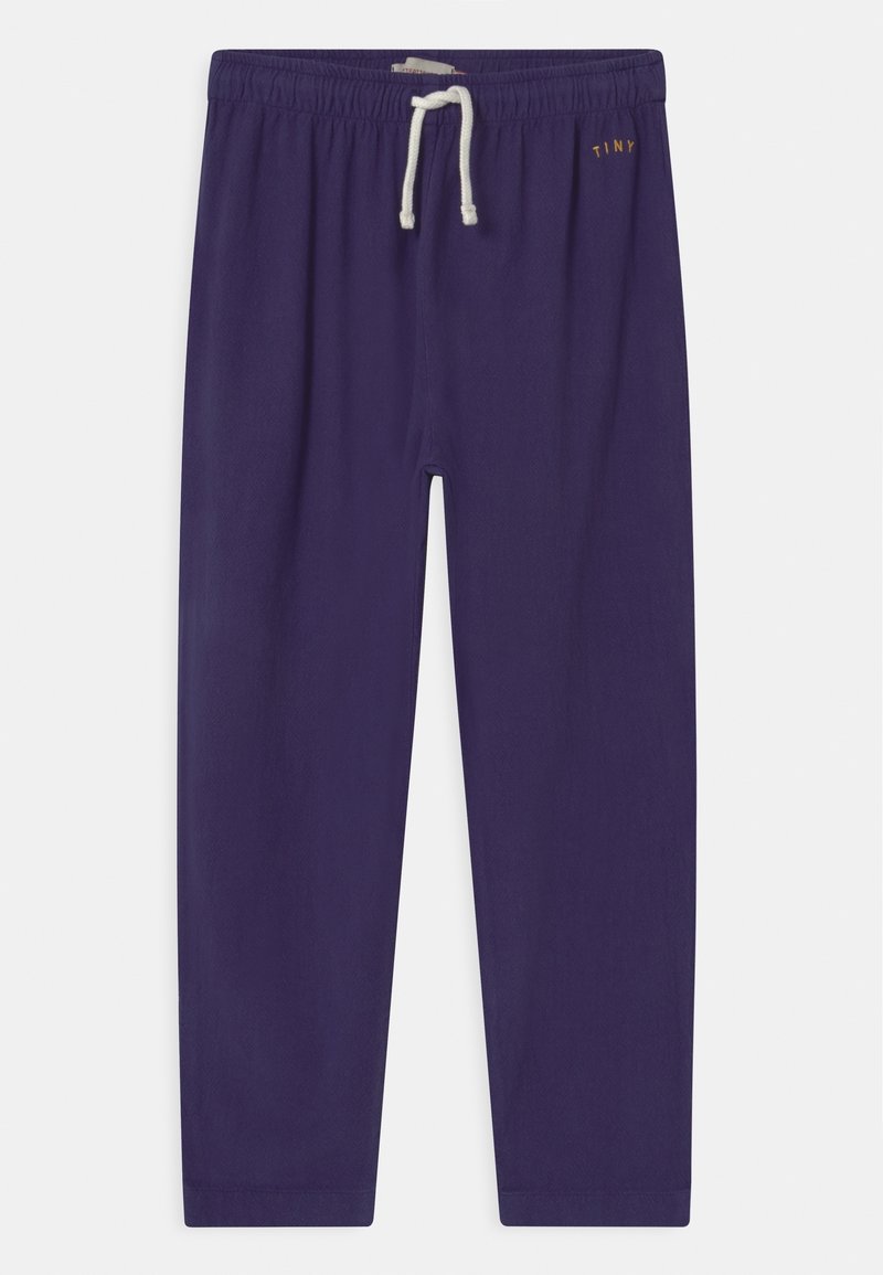 Pantalon de survêtement bleu marine avec taille élastique et cordon blanc, comportant un petit texte "TINY" sur le côté supérieur droit.