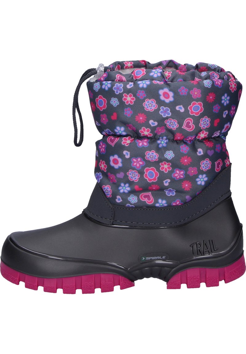 Dunkelgrauer Schneestiefel mit floralem und herzförmigem Muster; gepolsterter Schaft mit Kordelzug; Gummisohle in Pink; wasserdichtes Material.