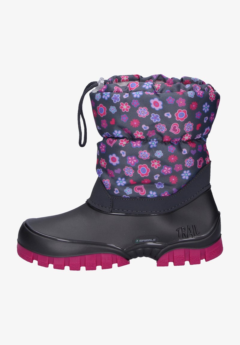Dunkelgrauer Schneestiefel mit floralem und herzförmigem Muster; gepolsterter Schaft mit Kordelzug; Gummisohle in Pink; wasserdichtes Material.