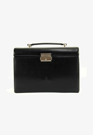 Black leather briefcase with a structured shape, metal clasp, and top handle. Features a smooth texture and embossed logo on the front.