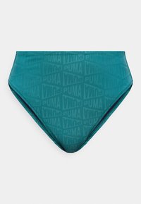 Τιρκουάζ μπικίνι κάτω μέρος με ψηλό κόψιμο, με επαναλαμβανόμενα διακριτικά λογότυπα Puma και Vino σε μοτίβο τόνου-πάνω-τόνου σε λείο ύφασμα.