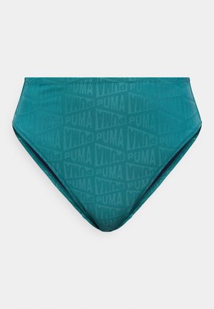 Τιρκουάζ μπικίνι κάτω μέρος με ψηλό κόψιμο, με επαναλαμβανόμενα διακριτικά λογότυπα Puma και Vino σε μοτίβο τόνου-πάνω-τόνου σε λείο ύφασμα.