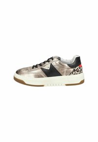 Metallic silver sneaker with black and leopard print accents, white sole, and black laces. Features a smooth texture and rounded toe.