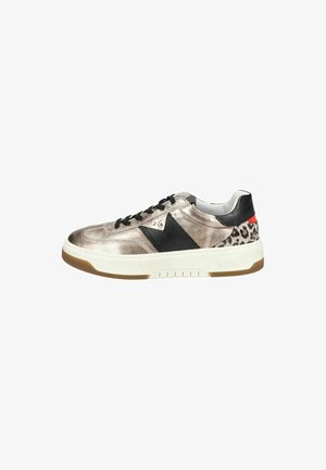 Metallic silver sneaker with black and leopard print accents, white sole, and black laces. Features a smooth texture and rounded toe.