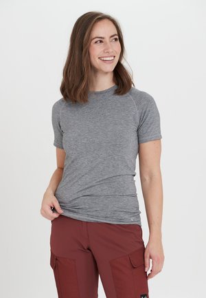 Graues Kurzarm-T-Shirt mit Rundhalsausschnitt, aus glattem Stoff gefertigt, mit körpernaher Passform und dezenten Nahtdetails.