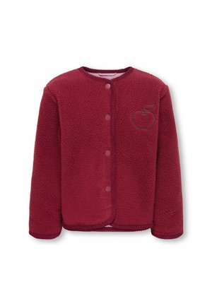 Veste en polaire bordeaux avec col rond, boutons-pression à l'avant, et petite pomme brodée sur la poitrine gauche.