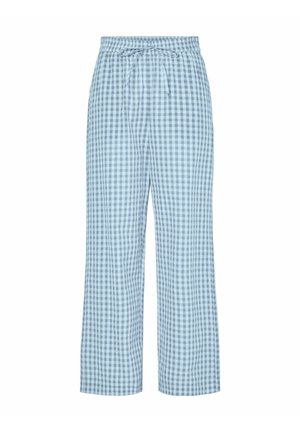 Blå og hvit rute-mønster vide bukser med elastisk midjebånd og snor. Lett, pustende stoff med en avslappet passform.