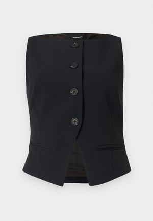 Μαύρο αμάνικο, ραμμένο γιλέκο με τέσσερα μπροστινά κουμπιά και δύο οριζόντιες τσέπες, με δομημένη εφαρμογή και ελαφρύ σκίσιμο στο μπροστινό μέρος.