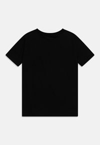 Black cotton t-shirt with short sleeves, a round neck, and a smooth texture, featuring a plain design without any patterns or logos.
