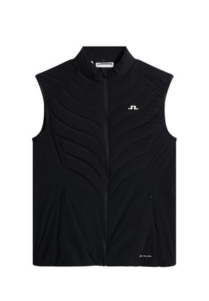 Veste matelassée noire sans manches avec fermeture éclair à l'avant, deux poches zippées et logo blanc J.Lindeberg sur la poitrine et le bas devant.