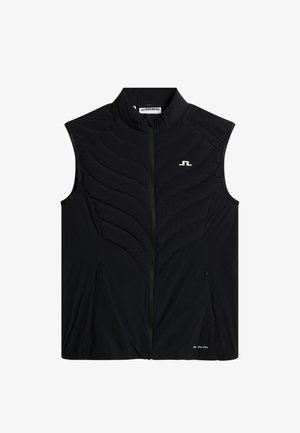 Schwarze, ärmellose Steppweste mit Frontreißverschluss, zwei Reißverschlusstaschen und weißem J.Lindeberg-Logo auf der Brust und am unteren Vorderteil.