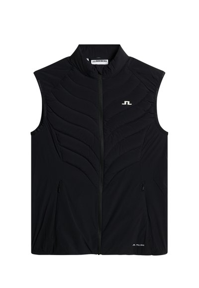 Sort ærmeløs quiltet vest med frontlynlås, to lynlåslommer og hvid J.Lindeberg-logo på brystet og nederst foran.