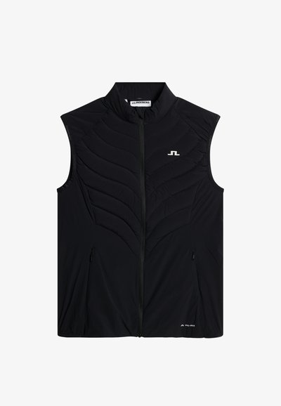 Sort ærmeløs quiltet vest med frontlynlås, to lynlåslommer og hvid J.Lindeberg-logo på brystet og nederst foran.