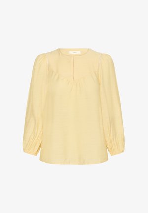 Lichtgele blouse met lange mouwen, ronde halslijn, splitje aan de voorkant, gerimpelde inzetstukken, opgeblazen schouders en elastische manchetten.
