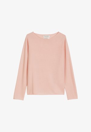 Világos rózsaszín, hosszú ujjú felső, puha anyagból, széles nyakkivágással és laza fazonnal, látható minták vagy díszítések nélkül.