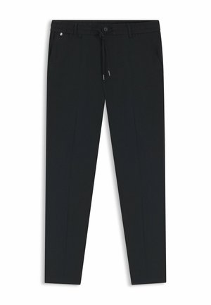Schwarze Slim-Fit-Hose mit Knopf- und Kordelverschluss, Gürtelschlaufen und Seitentaschen, flach auf weißem Hintergrund präsentiert.