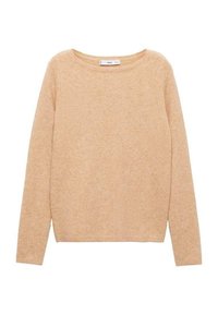 Helles beiges Sweatshirt aus einem weichen, strukturierten Material. Es hat einen runden Ausschnitt, lange Ärmel und einen geraden Saum.