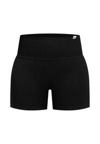 Zwarte sportshorts gemaakt van rekbaar stof, met een brede geribbelde tailleband. Glad oppervlak zonder zichtbare patronen of accenten.