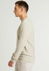 Maglione a maglia beige con un motivo testurizzato, colletto rotondo e polsini a costine. Tessuto del corpo liscio di colore uniforme, silhouette aderente.