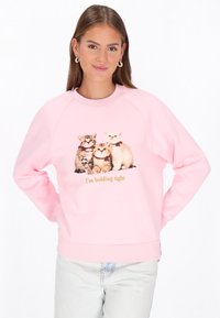 Rózsaszín pulóver kerek nyakkal, három macska grafikájával és arany színű "I'm holding tight" felirattal. Puha anyag, kényelmes, laza szabás.