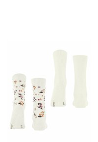 Witte sokken met een geribbelde textuur, met een bloemmotief in paars, oranje en bruin. Twee paar getoond, één met patroon en één in een effen kleur.