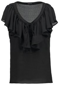 Blusa nera con maniche corte a volant, scollatura a V e chiusura con fiocco davanti. Realizzata in un tessuto liscio e leggero.