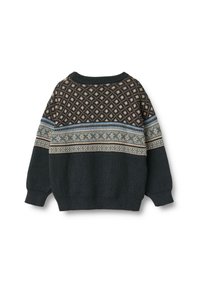 Gestrickter Pullover in Dunkelgrün mit einem gemusterten oberen Bereich in Beige und Blau. Verfügt über einen runden Ausschnitt und lockere Ärmel.