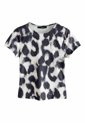 T-shirt à manches courtes avec motif abstrait d'animaux en noir et blanc, col rond et étiquette de marque "NEXT" à l'intérieur du col.